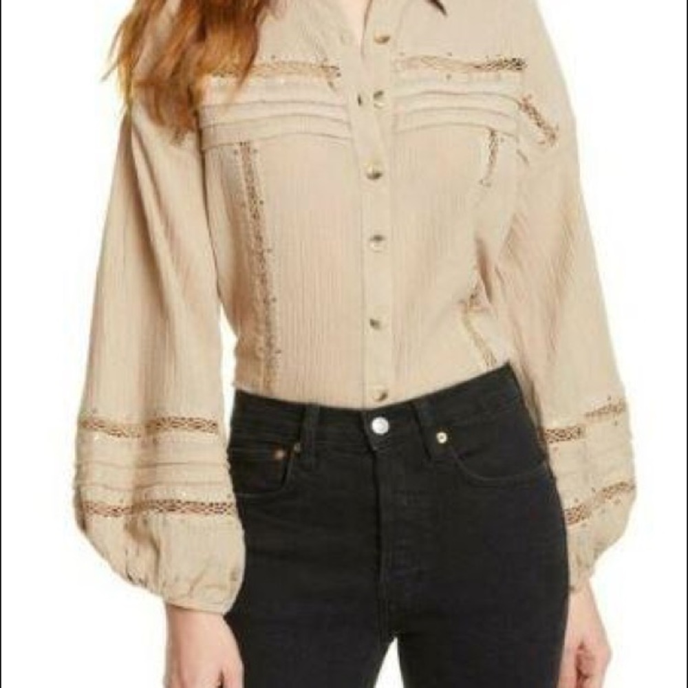 Free People Boho Button Down Long Sleeve Blouse Tan XS